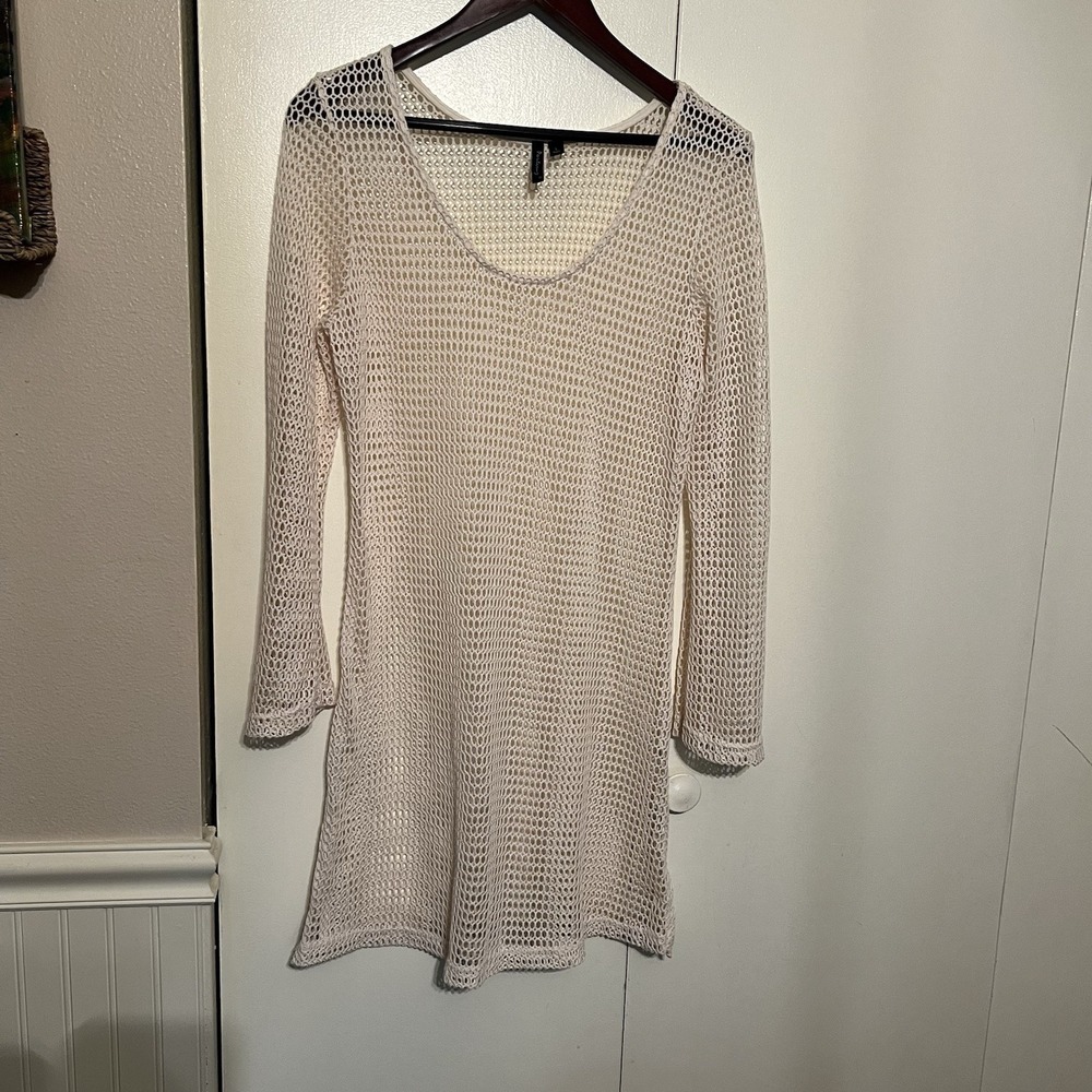 Portocruz Cream Crochet Knit Long Sleeve Mini Dress Swim Cover Up Size Large